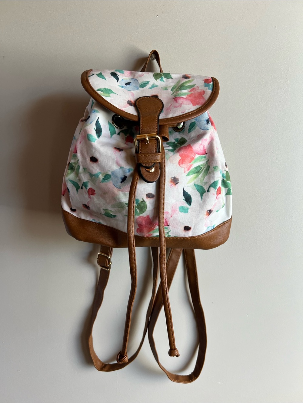 Ardene Floral Mini Backpack Purse White Pink Faux Leather Canvas Small Travel